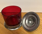 Vintage Red Glass  Metal Vanity Jar Canister  6 Inches High  5 Inches Wide 