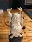 Vintage Laughing Buddha Statue W wood Base - Hand Carved - 7  T - Minor Damage
