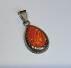 Antique Fiery Orange Fire Opal And Nickel Silver Teardrop Shaped Pendant Mexico