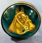 Pair Vintage Harness Bridle Rosettes Brown Horse Heads Chapman Green Glass Domes