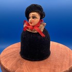 Pin Cushion Doll Head Vtg antique  Hand Painted Composition Velvet Costume Read