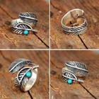 Navajo Indian Handmade Sterling Silver Turquoise Feather Nice Adjustable  G1b8