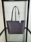 New Coach Signature Canvas City Tote Brown Black Leather Trim Shoulder Bag