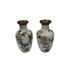 Pair Of Vintage Chinese Cloisonne Enamel On Copper Vases Floral Chinoiserie