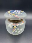 Antique Bohemian Glass Round Vanity Powder Jar Dresser Trinket Box Enamel Lily