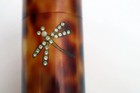 Vtg French Faux 3  Tortoise Shell Dresser Jar Embellished W rhinestone Dragonfly