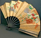 Japanese Folding Hand Fan Floral Paper Leaf 11  Black Ribs Double-sided 1989 Vtg