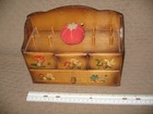 Vintage Wood Wooden Hanging Sewing Box Storage Drawers Painted Flowers Pin Cush