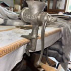 Vintage 1930   s Larkin Cast Iron Table Top Manual Meat Grinder With Wooden Handle