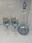 Vtg 5-piece Crystal Blue Floral Etched Decanter   Wine Glass Set Bohemian