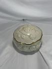 Vintage Ivory Embossed Rose Porcelain Trinket Jewelry Box Gold Gilt Footed Lid