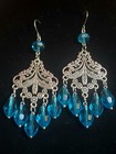 Silver Dangle Chandelier Boho Turquoise Crystal Glass Bead Earrings  Handcrafted