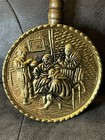 Vtg Pair Of Brass Bed Warmer Wall Pocket Embossed Pub Scene Wood Handle England