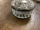 Vintage Ornate Dresser Box Silver Plate   Glass Powder Box W  Puffer Inside