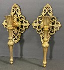 Vtg Hollywood Regency Wall Sconce Pair Candle Holders Ornate Cast Metal Gold