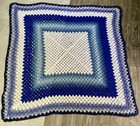 Hand Crocheted Granny Square Afghan Throw Blanket Gradient Blues White Vintage