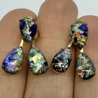 Vtg Art Deco Foil Opal Gripoix Glass Teardrop Cabochon Earrings Post Goldtone
