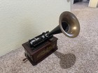 Vintage Thomas Home Tabletop Phonograph Cylinder Player W  Horn  Wood Cabinet