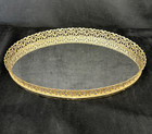 Vintage Oval Vanity Mirror Perfume Tray 16x11 Ornate Gold Tone Filigree Regency