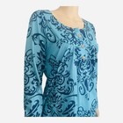 Women M Casual Top Shirt Tunic Turquoise Black Floral Print Round Neck Buttons
