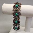 Vintage Rhinestone Panel Bracelet Peking Glass Green Antiqued Gold Tone 7  