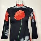 Vintage 70s Black Red Rose Cheongsam Long Sleeve Split Sides Tunic Top Dress