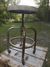Vintage Primitive Industrial Operators Stool Wood  iron chrome Adjustable