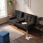 Black Linen Convertible Futon Sofa Bed Couch Sleeper Cup Holders Metal Legs