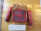 Vintage New Genuine Thermos Picnic Kit Red Plaid Carry Bag  70 s Lot Of 4pcs