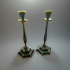 Vintage Set 2 Judaica Brass Enamel Shabbat Candle Sticks Made In Israel 1960s