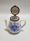 Vintage Teapot Trinket Box With Hinged Lid  Blue Floral Design  Glazed Ceramic