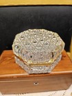 Vtg French Cut Crystal Baccarat Style Casket Box Brass Mount Octagon Jewelry