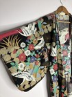 Vintage Japanese Kimono Robe Black Crane Floral Pagoda Mount Fuji Cotton Julin