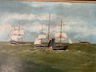 Antique 19th Century Whaling Whale Hunting Ship Maritime Folk Art Oil Painting