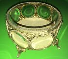 Vintage Filigree Footed Jewelry Casket W 8 Beveled Glass Windows 5 5in Round