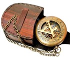 Brass Sundial Compass With Leather Case   Chain - Steampunk Gift - Antique Finis