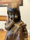 Antique Bronze Sculpture Signed By Juan Clara  little Girl On Stool  No Shoe