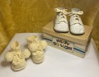 2 Pair 1960   s Vintage Baby Shoes  White Leather In Box   Crocheted Booties  Sz 0