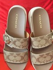 Coach Khaki saddle Signature Canvas Slide Sandals Logo Buckle Women s 9 5b