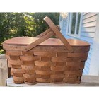 Picnic Basket Wood 2 Handles Wood Lid Large Basket Farmhouse Rustic Handmade