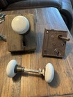 Lot Of 3 Antique White Porcelain Door Knobs Rim Locks Square Spindle Hardware