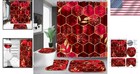 Complete 4-pc Bathroom Set With Red Honeycomb Marble Shower Curtain   Rugs
