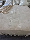 Vintage Filet Crochet Lace Bedspread   Throw Beige Cotton Handmade