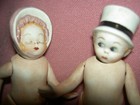 Pair  Rare Antique German  4   All Bisque  Jointed Dolls W  Swivel Necks   Hats