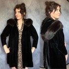 Vtg Velvet Real Fur Hood Opera Evening Coat Victorian Edwardian Black Dressing