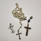 Vtg 90s Catholic Rosary Faux Pearl Necklace Virgin Mary Crucifix Set