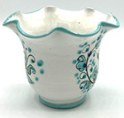 Italian Artisan Pottery Planter Rooster Hen Ruffled Edge White Turquoise Pot