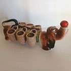 Vtg Japan Dachshund Dog Decanter Set 6 Shot Cups Red Wood Stopper Mcm
