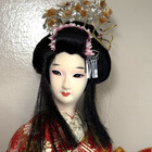 Vintage Japanese Geisha Girl Doll Red Silk Kimono W  Wooden Base 18 