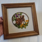 Vintage Framed Easter Bunny Rabbit Woodland Yarn Crewel Needlework 7 5  Square